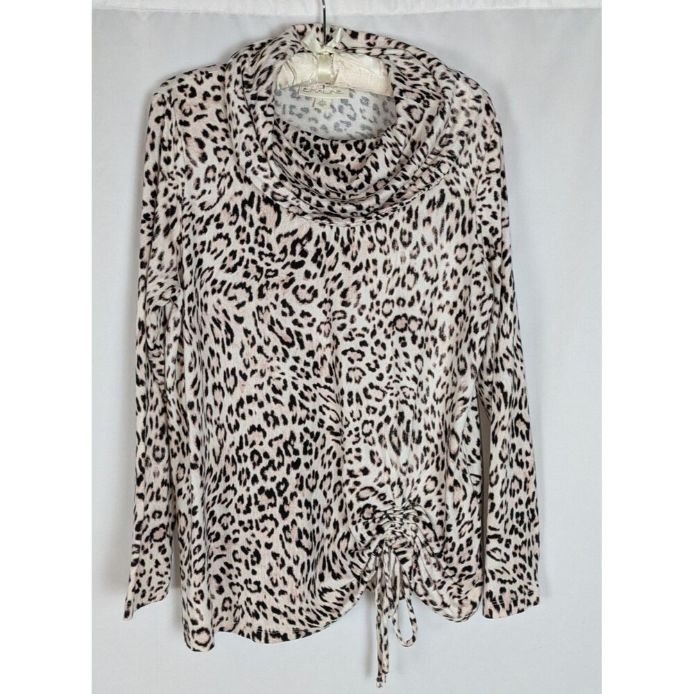 Emaline Luxe Leopard Print Cowl Neck Ruched Drawstring Side Knit Blouse L Office